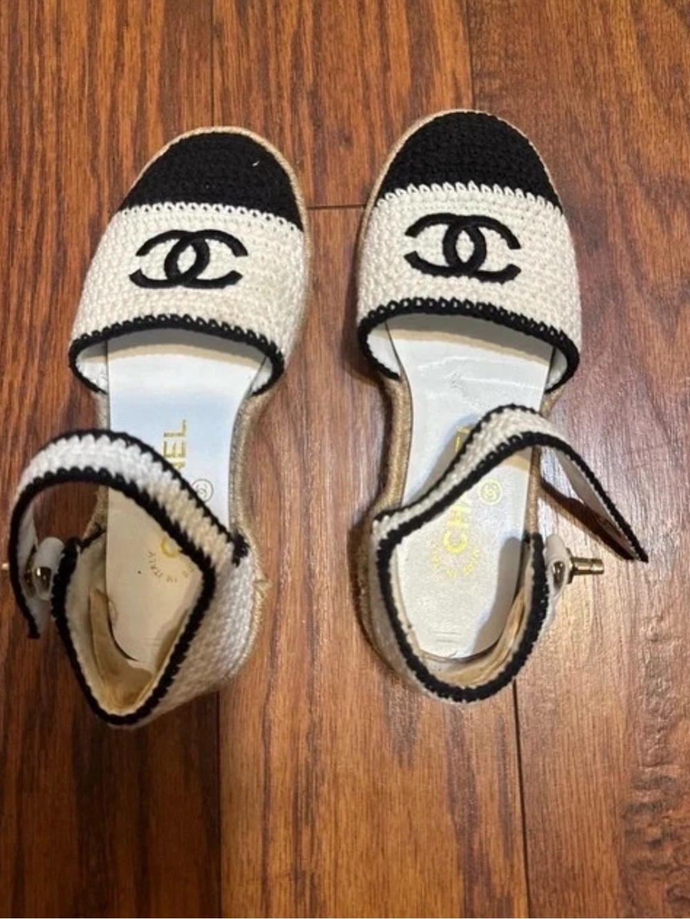 CHANEL Black and White Crochet Ankle-Strap Espadrille Sandals